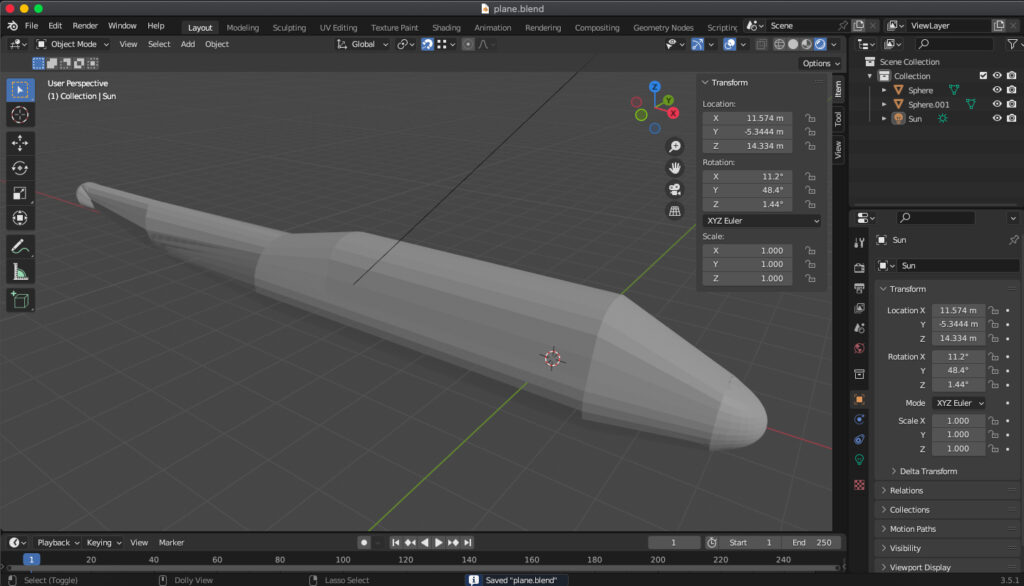 3D tekenprogramma Blender met een tekening van een Boeing 747, als oefening
